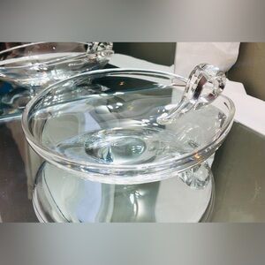 Steuben Art Glass 9” Scroll Bowl #7876 Snail Handle Crystal Shallow Dish MCM